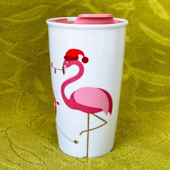 Davids Tea Twisted Pink Flamingo Ceramic Christmas Lights Travel Tumbler Mug Lid - Picture 2 of 10